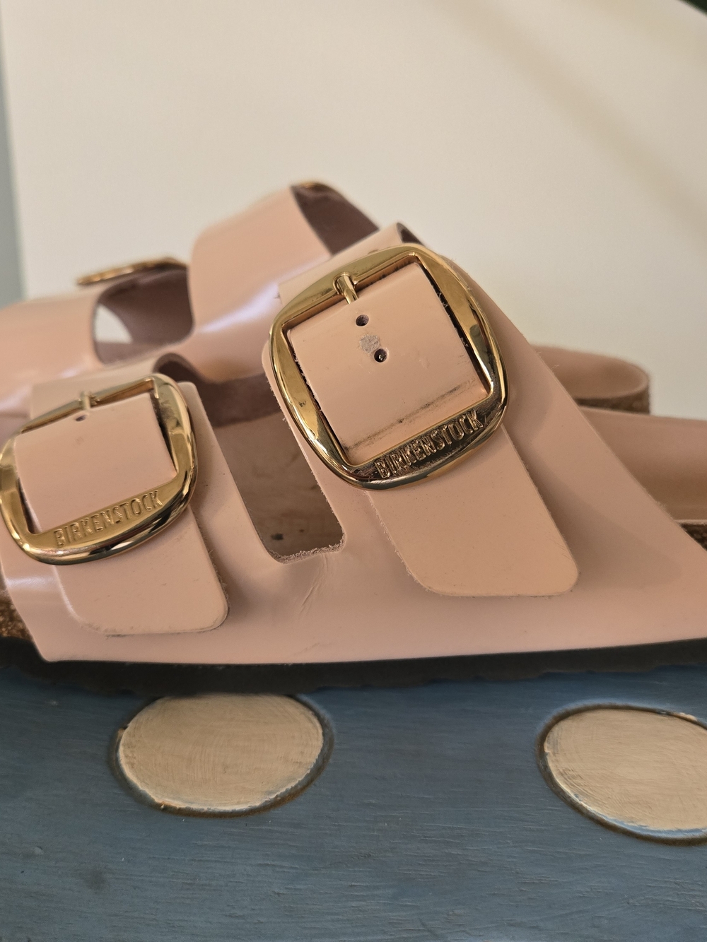 Birkenstock Arizona Patent Leather Sandals in Blush Pink with Gold Buckles